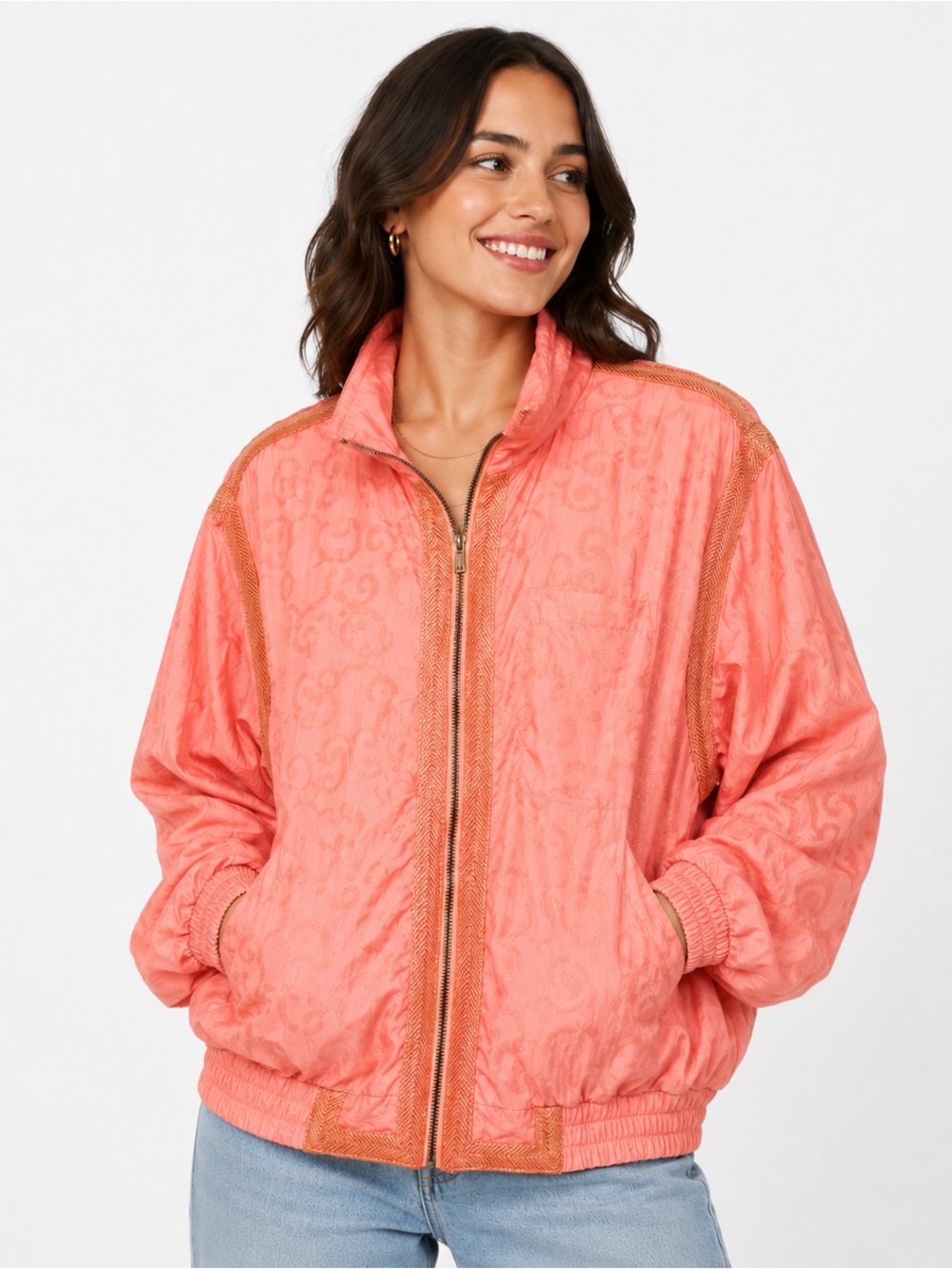 Andy Johns | VTG 80's Shimmery Heart Jacquard Zip Windbreaker Coat Bomber Jacket